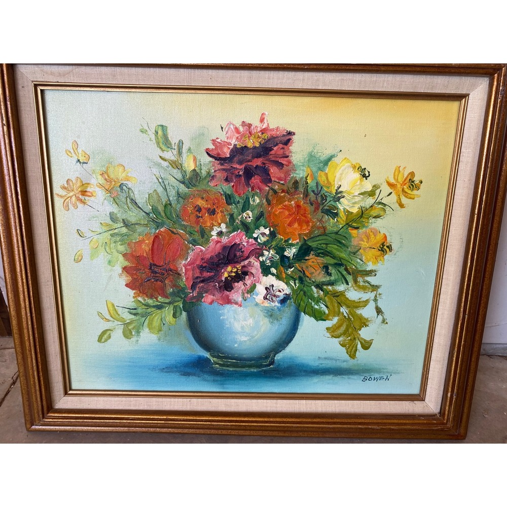 Vintage Bowen Signed Floral Still Life Oil Painting Framed Canvas Mid Century